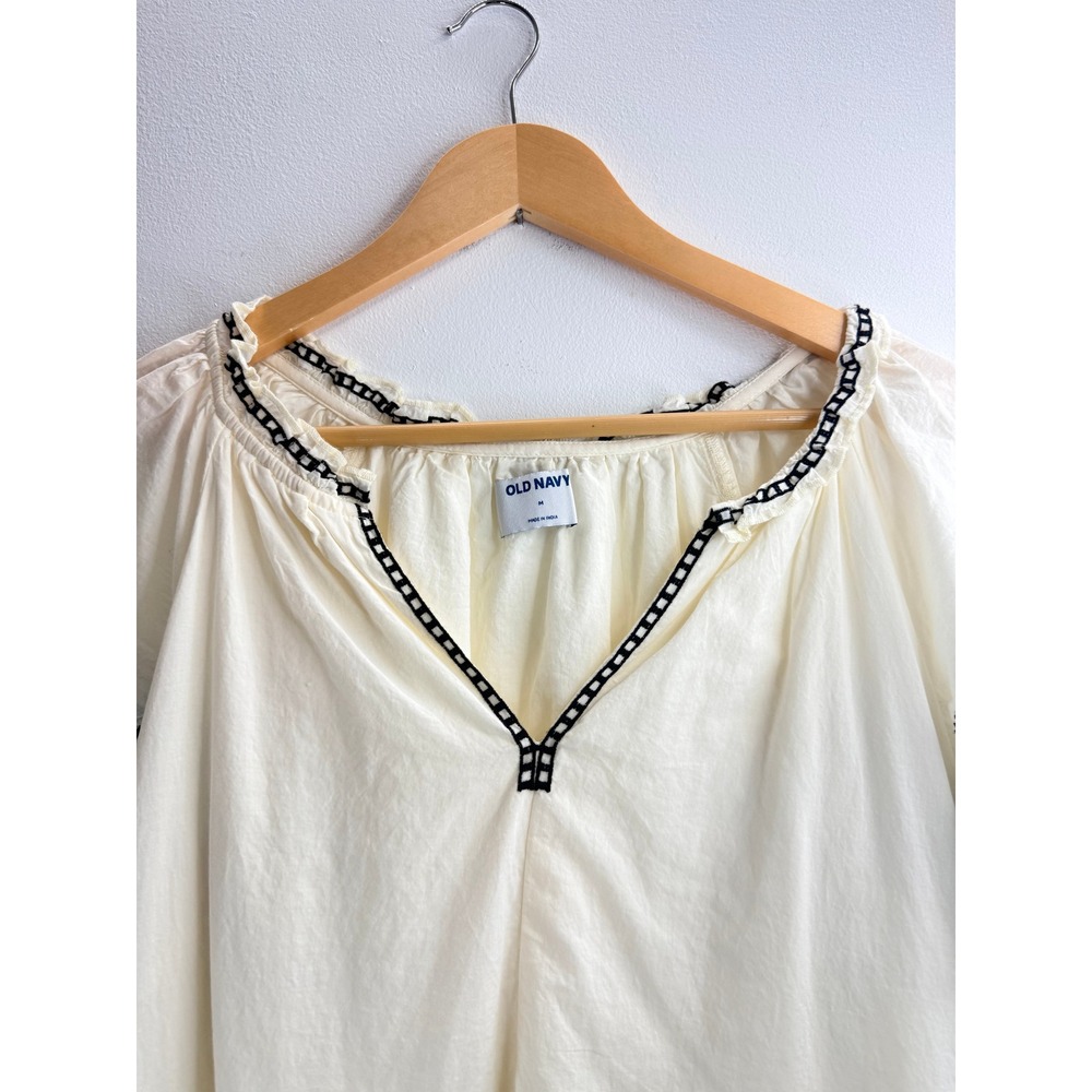 Old Navy Womens Cream Embroidered Boho Babydoll Mini Dress Black Floral Sz M - Picture 3 of 11